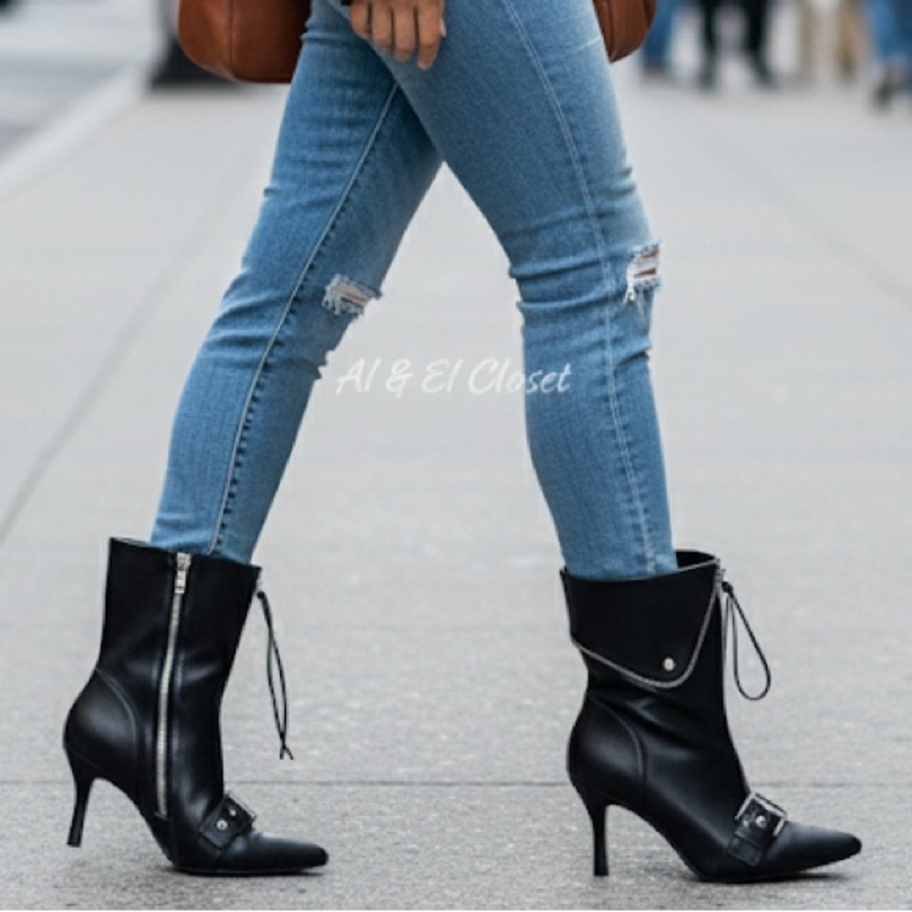 A New Day Black Buckle Pointed-Toe Stiletto Ankle Boots | Vegan | 7.5 NWB